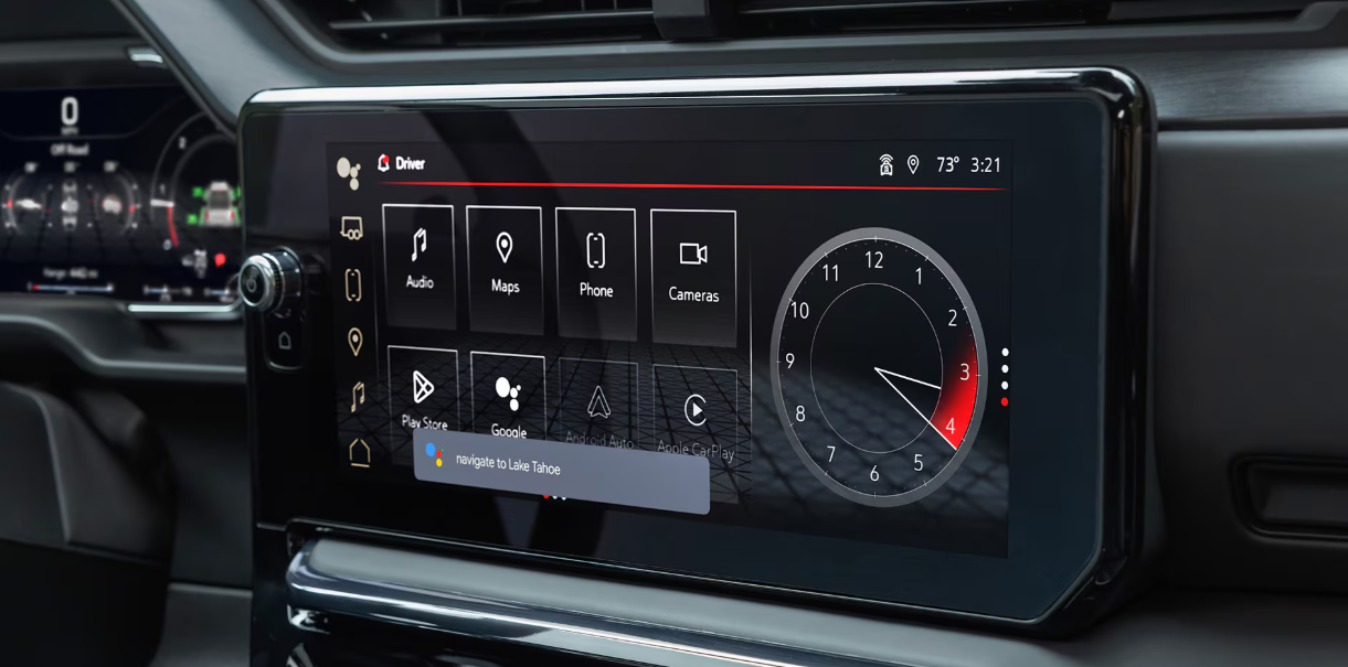 2026 GMC Sierra 1500 dashboard showing the available 13.4-inch touchscreen and digital gauge cluster